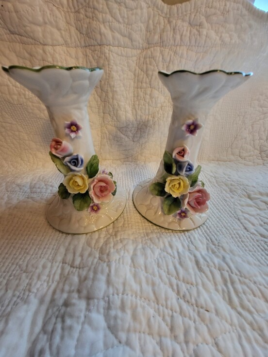 made in Philippines Other - Set Of 2 Porcelain White Floral 5 Inch Candle Holders in with Pastel Roses